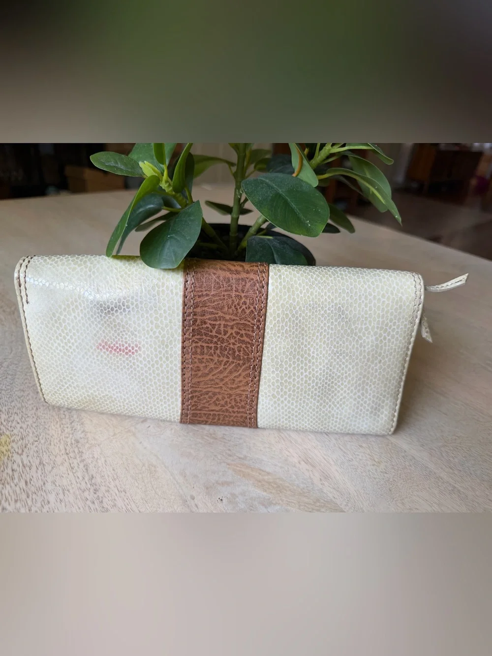 Fossil Leather flap Clutch Cream and Tan Never Used